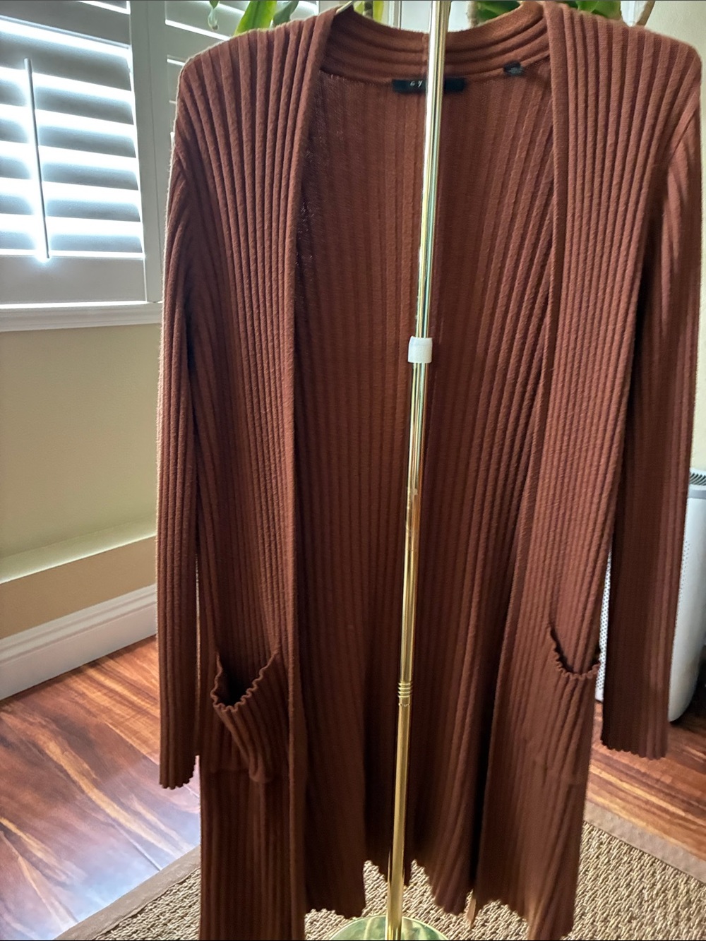 Cyrus Ribbed Open-Front Long Cardigan Jacket - Brown